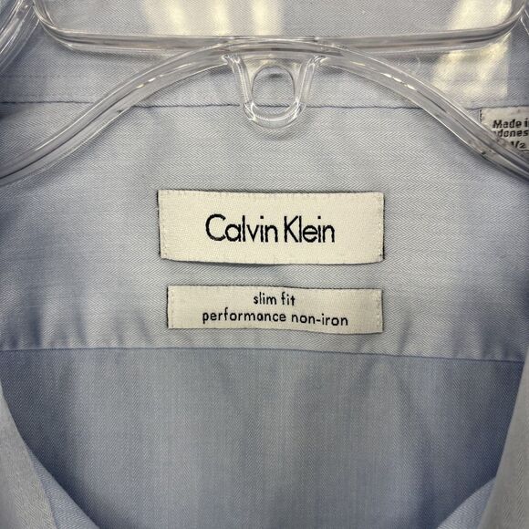 Calvin Klein Shirt Mens 16.5 34/35 Blue Slim Fit Performance Non-Iron Dress - Picture 9 of 14